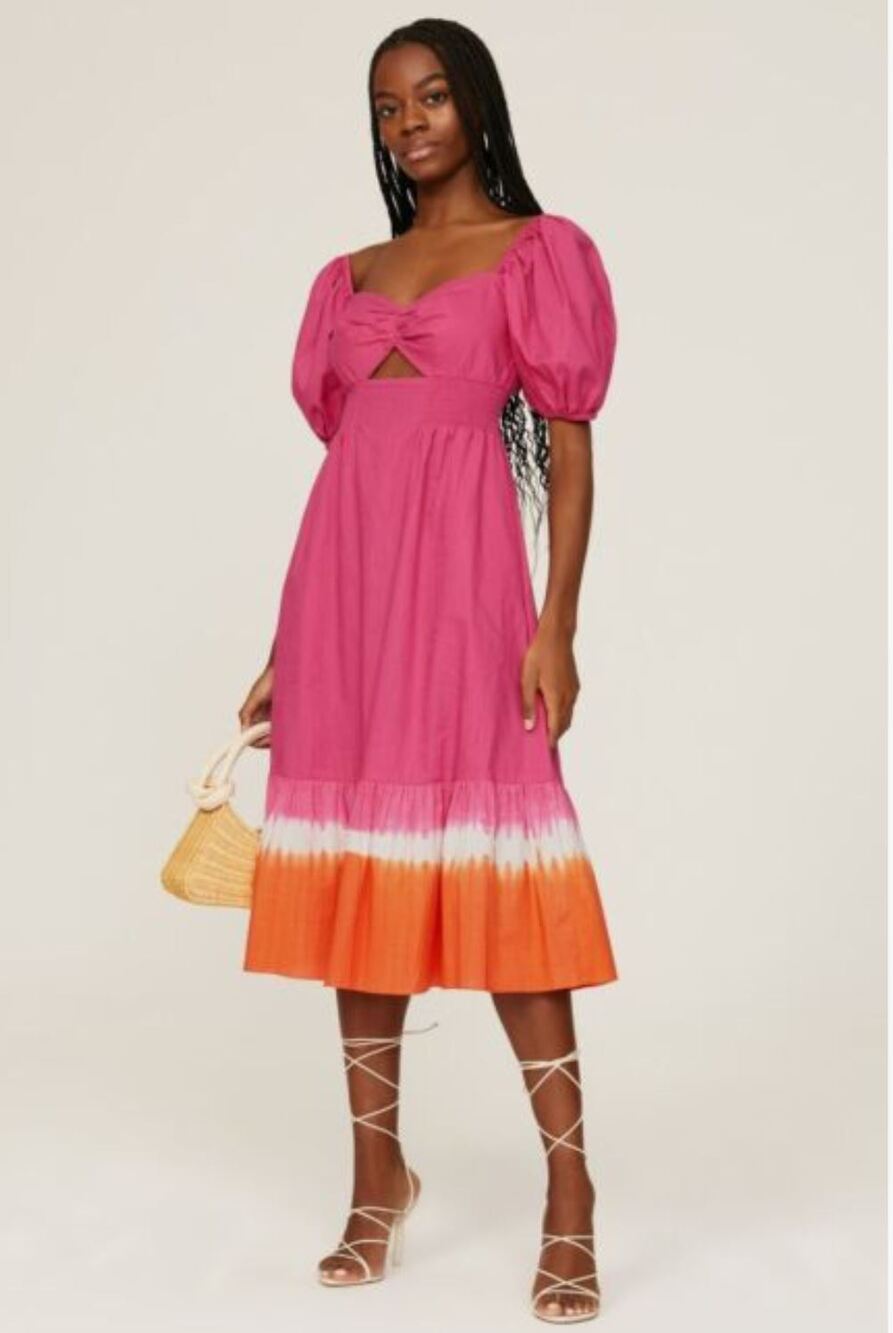 Sachin & Babi Bri Tie Dye Pink & Orange Midi Dress Puff Sleeves Size 10 Cotton